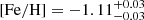 Mathematical equation: $ \mathrm{[Fe/H]}=-1.11^{+0.03}_{-0.03} $