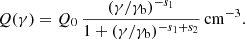 Mathematical equation: $$ \begin{aligned} Q(\gamma ) = Q_0\, {(\gamma /\gamma _{\rm b})^{-s_1} \over 1+ (\gamma /\gamma _{\rm b})^{-s_1+s_2}} \, \mathrm{cm}^{-3}. \end{aligned} $$