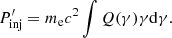 Mathematical equation: $$ \begin{aligned} P_{\rm inj}^{\prime }= m_{\rm e}c^2 \int Q(\gamma )\gamma \mathrm{d}\gamma . \end{aligned} $$
