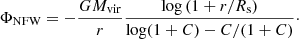 Mathematical equation: $$ \begin{aligned} \Phi _\mathrm{NFW} = -\frac{G M_\mathrm{vir} }{r} \frac{\log \left(1+r/R_\mathrm{s} \right)}{ \log (1+C) - C/(1+C) }\cdot \end{aligned} $$