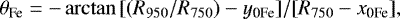 Mathematical equation: \begin{equation*}\theta_{\textrm{Fe}}=-\arctan{[(R_{950}/R_{750})-y_{\textrm{0Fe}}]/[R_{750}-x_{\textrm{0Fe}}]}, \end{equation*}