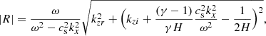 Mathematical equation: $$ \begin{aligned} |R|=\frac{\omega }{\omega ^2-c_{\rm s}^2k_x^2}\sqrt{k_{zr}^2+\Big (k_{zi}+\frac{(\gamma -1)}{\gamma H}\frac{c_{\rm s}^2k_x^2}{\omega ^2}-\frac{1}{2H}\Big )^2} ,\end{aligned} $$