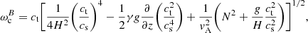 Mathematical equation: $$ \begin{aligned} \omega _{\rm c}^{B}=c_{\rm t}\Bigg [\frac{1}{4H^2} \Bigg (\frac{c_{\rm t}}{c_{\rm s}}\Bigg )^4-\frac{1}{2}\gamma g\frac{\partial }{\partial z}\Bigg (\frac{c_{\rm t}^2}{c_{\rm s}^4}\Bigg )+\frac{1}{v_{\rm A}^2}\Bigg (N^2+\frac{g}{H}\frac{c_{\rm t}^2}{c_{\rm s}^2}\Bigg )\Bigg ]^{1/2}, \end{aligned} $$