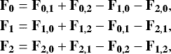 Mathematical equation: \begin{eqnarray*} \begin{aligned} \bf{F_0} &= \bf{F_{0,1}} + \bf{F_{0,2}} - \bf{F_{1,0}} - \bf{F_{2,0}}, \\ \bf{F_1} &= \bf{F_{1,0}} + \bf{F_{1,2}} - \bf{F_{0,1}} - \bf{F_{2,1}}, \\ \bf{F_2} &= \bf{F_{2,0}} + \bf{F_{2,1}} - \bf{F_{0,2}} - \bf{F_{1,2}}, \\ \end{aligned}\end{eqnarray*}