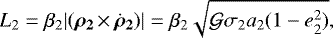 Mathematical equation: \begin{equation*} L_2 = \beta_2 |(\boldsymbol{\rho}_{\mathbf 2}\,{\times}\,\dot{\bm{\rho}}_{\mathbf 2})| = \beta_2 \sqrt{\mathcal{G}\sigma_2 a_2 (1-e^2_2)},\end{equation*}