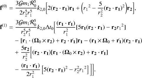Mathematical equation: \begin{eqnarray*} \textbf{f}^{(0)} &=& \frac{3 \mathcal{G} m_1 \mathcal{R}_0^5}{2 r_2^5 r_1^5} k_{2,0} \bigg[2 ({\bf{r}_2} \cdot {\bf{r}_1}){\bf{r}_1} + \bigg({r_1}^2 -\frac{5}{r_2^2} {({\bf{r}_2} \cdot {\bf{r}_{1}})}^2 \bigg){\bf{r_2}} \bigg], \nonumber\\ \textbf{f}^{(1)} &=& \frac{3 \mathcal{G} m_1 \mathcal{R}_0^5}{r_2^5 r_1^5} k_{2,0} \Delta t_0 \bigg[\frac{({\bf{r}_1} \cdot \dot{{\bf{r}_1}})}{r_1^2} [5 {\bf{r}_1} ({\bf{r}_2} \cdot {\bf{r}_1}) - {\bf{r}_2} {r_1}^2] \nonumber \\ &&- \;[{\bf{r}}_1 \cdot ({{\bm \Omega}}_0\,{\times}\,{\bf{r}_2}) + {\bf{r_2}} \cdot \dot{{\bf{r}_1}}] {\bf{r}_1} - ({\bf{r}_1}\,{\times}\,{{\bm \Omega}}_0 + \dot{{\bf{r}_1}})({\bf{r}_2} \cdot {\bf{r}_1})\nonumber\\ &&+ \;\frac{5 {\bf{r}_2}}{r_2^2} \bigg[({\bf{r}_2} \cdot {\bf{r}_1})[{\bf{r}_1} \cdot ({{\bm \Omega}}_0\,{\times}\,{\bf{r_2}}) + {\bf{r}_2} \cdot \dot{{\bf{r}_1}}] \nonumber \\ &&-\; \frac{({\bf{r}_1} \cdot \dot{{\bf{r}_1}})}{2 r_1^2} \left[5 {({\bf{r}_2} \cdot {\bf{r}_{1}})}^2 - {r}^2_{2} {r_1}^2 \right] \bigg] \bigg].\end{eqnarray*}