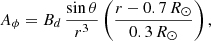 Mathematical equation: $$ \begin{aligned} A_{\phi } = B_d\,\frac{\sin \theta }{r^3}\left(\frac{r - 0.7\,R_\odot }{0.3\,R_\odot }\right) , \end{aligned} $$