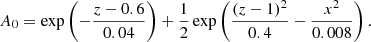 Mathematical equation: $$ \begin{aligned} A_0 = \exp \left(-\frac{z-0.6}{0.04}\right) + \frac{1}{2}\exp \left(\frac{(z-1)^2}{0.4} - \frac{x^2}{0.008}\right) . \end{aligned} $$