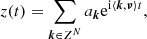 Mathematical equation: $$ \begin{aligned} z(t)=\sum _{{\boldsymbol{k}} \in Z^N} a_{{\boldsymbol{k}}} \mathrm{e}^{\mathrm{i}\langle {\boldsymbol{k}}, {\boldsymbol{\nu }} \rangle t}, \end{aligned} $$