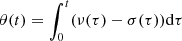 Mathematical equation: $ \theta(t)=\int_0^t(\nu(\tau)-\sigma(\tau)){\rm d} \tau $