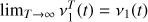 Mathematical equation: $ \lim_{T\rightarrow \infty}\nu_1^T(t)=\nu_1(t) $