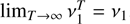 Mathematical equation: $ {\lim_{T \to \infty }}\nu _1^T = {\nu _1} $
