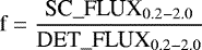 Mathematical equation: \begin{equation*} \textrm{f}=\frac{\textrm{SC}\_{\textrm{FLUX}}_{0.2-2.0}}{\textrm{DET}\_{\textrm{FLUX}}_{0.2-2.0}} \end{equation*}
