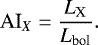 Mathematical equation: \begin{equation*}\textrm{AI}_X=\frac{L_{\textrm{X}}}{L_{\textrm{bol}}} . \end{equation*}