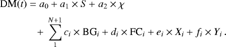 Mathematical equation: \begin{eqnarray*} && \hspace*{-5pt}\textrm{DM}(t)\;{=}\;a_0 + a_1\times S\!\;{+}\; a_2 \times \chi\nonumber\\[3pt] && \hspace*{-5pt} \qquad\quad\;\; +\;\sum_1^{N+1} c_i\times {\textrm{BG}}_i + d_i \times {\textrm{FC}}_i + e_i \times X_i + f_i \times Y_i\,. \end{eqnarray*}