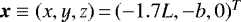 Mathematical equation: $\vec{x}\equiv (x,y,z)\,{=}\,(-1.7L,-b,0)^T$