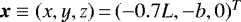 Mathematical equation: $\vec{x}\equiv (x,y,z)\,{=}\,(-0.7L,-b,0)^T$