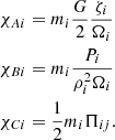 Mathematical equation: $$ \begin{aligned}&\chi _{Ai} = m_i \frac{G}{2} \frac{\zeta _i}{\Omega _i} \nonumber \\&\chi _{Bi} = m_i \frac{P_i}{ \rho _i^2 \Omega _i} \\&\chi _{Ci} = \frac{1}{2} m_i \Pi _{ij}.\nonumber \end{aligned} $$