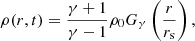 Mathematical equation: $$ \begin{aligned} \rho (r,t) = \dfrac{\gamma +1}{\gamma -1} \rho _0 G_{\gamma }\left( \dfrac{r}{r_{\mathrm{s}}} \right) , \end{aligned} $$