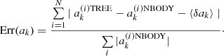 Mathematical equation: $$ \begin{aligned} \mathrm{Err}(a_k) = \dfrac{ \sum \limits _{i=1}^N |~ {a_{k}^{(i) \mathrm{TREE}} - a_{k}^{(i) \mathrm{NBODY}} - \langle {\delta a_k}\rangle ~ |}}{ \sum \limits _i |a_{k}^{(i) \mathrm{NBODY}}|} \cdot \end{aligned} $$