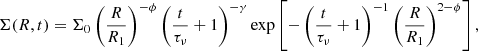 Mathematical equation: $$ \begin{aligned} \Sigma (R,t) = \Sigma _0 \left(\dfrac{R}{R_1}\right)^{-\phi } \left( \dfrac{t}{\tau _\nu } + 1 \right)^{-\gamma } \exp \left[-\left( \dfrac{t}{\tau _\nu } + 1 \right)^{-1}\left(\dfrac{R}{R_1}\right)^{2-\phi } \right], \end{aligned} $$