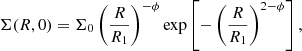 Mathematical equation: $$ \begin{aligned} \Sigma (R,0) = \Sigma _0 \left(\dfrac{R}{R_1}\right)^{-\phi } \exp \left[-\left(\dfrac{R}{R_1}\right)^{2-\phi } \right], \end{aligned} $$