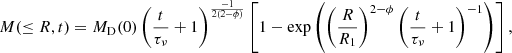 Mathematical equation: $$ \begin{aligned} M(\le R,t) = M_{\rm D}(0) \left( \dfrac{t}{\tau _\nu } + 1\right)^{\frac{-1}{2(2-\phi )}}\left[1 - \exp \left( \left(\dfrac{R}{R_1}\right)^{2-\phi }\left( \dfrac{t}{\tau _\nu } + 1\right)^{-1}\right)\right] , \end{aligned} $$