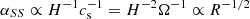 Mathematical equation: $ \alpha_{SS} \propto H^{-1} c_{\mathrm{s}}^{-1} = H^{-2}\Omega^{-1} \propto R^{-1/2} $