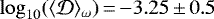 Mathematical equation: $\log_{10}(\langle\mathcal{D}\rangle_{\omega})\,{=}\,{-}3.25\,{\pm}\,0.5$