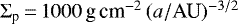 Mathematical equation: $\Sigma_{\textrm{p}}\,{=}\,1000\,\textrm{g\,cm}^{-2}\,(a/\textrm{AU})^{-3/2}$
