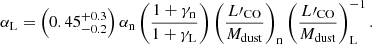 Mathematical equation: $$ \begin{aligned} \alpha _{\rm L} = \left(0.45^{+0.3}_{-0.2}\right)\alpha _{\rm n}\left(\frac{1+\gamma _{\rm n}}{1+\gamma _{\rm L}}\right)\left(\frac{L\prime _{\rm CO}}{M_{\rm dust}}\right)_{\rm n}\left(\frac{L\prime _{\rm CO}}{M_{\rm dust}}\right)^{-1}_{\rm L} .\end{aligned} $$