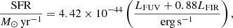 Mathematical equation: $$ \begin{aligned} \frac{{\mathrm{SFR}}}{M_\odot \,\mathrm{yr}^{-1}}=4.42\times 10^{-44}\left(\frac{L_{\rm FUV}+0.88L_{\rm FIR}}{\mathrm{erg}\,\mathrm{s}^{-1}}\right), \end{aligned} $$