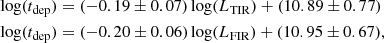 Mathematical equation: $$ \begin{aligned} \log (t_{\rm dep})&= (-0.19\pm 0.07)\log (L_{\rm TIR}) + (10.89\pm 0.77)\nonumber \\ \log (t_{\rm dep})&= (-0.20\pm 0.06)\log (L_{\rm FIR}) + (10.95\pm 0.67) ,\end{aligned} $$