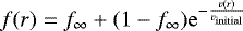 Mathematical equation: $f(r) = f_{\infty} + (1 - f_{\infty})\mathrm{e}^{-\frac{v(r)}{v_{\mathrm{initial}}}}$