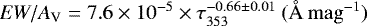 Mathematical equation: $EW/A_{\textrm{V}}=7.6\times 10^{-5} \times \tau_{353}^{-0.66\pm0.01}\:(\mbox{\AA}\: \mathrm{mag}^{-1})$