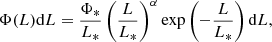 Mathematical equation: $$ \begin{aligned} \Phi (L)\mathrm{d}L = \frac{\Phi _*}{L_*} \left(\frac{L}{L_*}\right)^{\alpha } \exp \left( - \frac{L}{L_*} \right) \mathrm{d}L , \end{aligned} $$