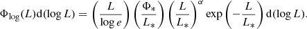 Mathematical equation: $$ \begin{aligned} \Phi _{\rm log}(L) \mathrm{d}(\log L) = \left(\frac{L}{\log e} \right) \left( \frac{\Phi _*}{L_*}\right) \left( \frac{L}{L_*}\right)^{\alpha } \exp \left( -\frac{L}{L_*}\right) \mathrm{d}(\log L) .\end{aligned} $$