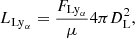 Mathematical equation: $$ \begin{aligned} L_{\mathrm{Ly}_{\alpha }} = \frac{F_{\mathrm{Ly}_{\alpha }}}{\mu } 4 \pi D_{\rm L}^2, \end{aligned} $$