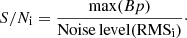 Mathematical equation: $$ \begin{aligned} S/N_{\rm i} = \frac{\max (Bp)}{\mathrm{Noise\,level} (\mathrm{RMS}_{\rm i})}\cdot \end{aligned} $$