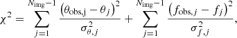 Mathematical equation: $$ \begin{aligned} \chi ^2 =\sum _{j=1}^{{N}_{\rm img}-1} \frac{\left({\theta }_{\mathrm{obs,j}} - \theta _j\right)^2}{\sigma _{\theta ,j}^2} + \sum _{j=1}^{{N}_{\rm img}-1} \frac{\left({f}_{\mathrm{obs},j} - f_j\right)^2}{\sigma _{f,j}^2}, \end{aligned} $$