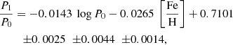 Mathematical equation: $$ \begin{aligned} \frac{P_{1}}{P_{0}}&= -0.0143~\log P_{0}-0.0265~\left[\frac{\mathrm{Fe}}{\mathrm{H}}\right]+0.7101 \\&\quad {\pm }0.0025 \;\; {\pm }0.0044 \;\; {\pm }0.0014, \nonumber \end{aligned} $$