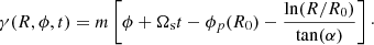Mathematical equation: $$ \begin{aligned} \gamma (R,\phi ,t)= m\left[\phi +\Omega _{\rm s} t -\phi _p(R_0) -\frac{\ln (R/R_0)}{\tan (\alpha )} \right]\cdot \end{aligned} $$