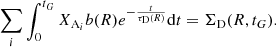 Mathematical equation: $$ \begin{aligned} \sum _i \int _0^{t_G} X_{\mathrm{A}_i} b(R) e^{-\frac{t}{\tau _{\rm D}(R)}} \mathrm{d}t = \Sigma _{\rm D} (R,t_G). \end{aligned} $$