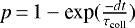 Mathematical equation: $p\,{=}\,1-\textrm{exp}(\frac{-dt}{\tau_{\textrm{coll}}})$