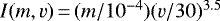 Mathematical equation: $I(m,v)\,{=}\,(m/10^{-4})(v/30)^{3.5}$