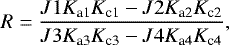 Mathematical equation: \begin{equation*} R= \frac{J1 K_{\textrm{a1}} K_{\textrm{c1}} - J2 K_{\textrm{a2}} K_{\textrm{c2}}}{ J3 K_{\textrm{a3}} K_{\textrm{c3}}- J4 K_{\textrm{a4}} K_{\textrm{c4}}}, \end{equation*}