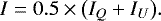 Mathematical equation: \begin{equation*} I = 0.5 \times \left(I_{Q} + I_{U}\right)\!. \end{equation*}