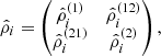 Mathematical equation: $$ \begin{aligned} \hat{\rho }_i = \begin{pmatrix} \hat{\rho }_i^{(1)}&\hat{ \rho }_i^{(12)} \\ \hat{\rho }_i^{(21)}&\hat{\rho }_i^{(2)} \end{pmatrix}, \end{aligned} $$
