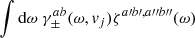 Mathematical equation: $$ \begin{aligned} \int \mathrm{d}\omega \ \gamma _{\pm }^{ab}(\omega , { v}_j) \zeta ^{a\prime b\prime ,a{\prime \prime }b{\prime \prime }}(\omega ) \nonumber \end{aligned} $$