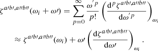 Mathematical equation: $$ \begin{aligned}&\zeta ^{a\prime b\prime ,a{\prime \prime }b{\prime \prime }}(\omega _i + \omega \prime ) = \sum _{p=0}^{\infty } \frac{\omega ^{^{\prime }p}}{p!} \left(\frac{\mathrm{d}^p \zeta ^{a\prime b\prime ,a{\prime \prime }b{\prime \prime }}}{\mathrm{d} \omega ^{^{\prime }p}} \right)_{\omega _i} \nonumber \\&\qquad \approx \zeta ^{a\prime b\prime ,a{\prime \prime }b{\prime \prime }} (\omega _i) + \omega \prime \left(\frac{\mathrm{d} \zeta ^{a\prime b\prime ,a{\prime \prime }b{\prime \prime }}}{\mathrm{d} \omega \prime } \right)_{\omega _i}. \nonumber \end{aligned} $$
